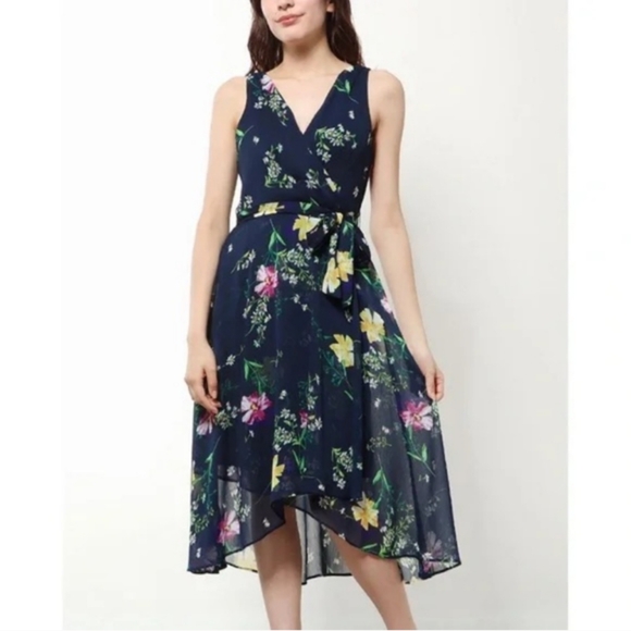 DKNY Floral Print Chiffon Faux Wrap Midi Dress - Picture 1 of 4